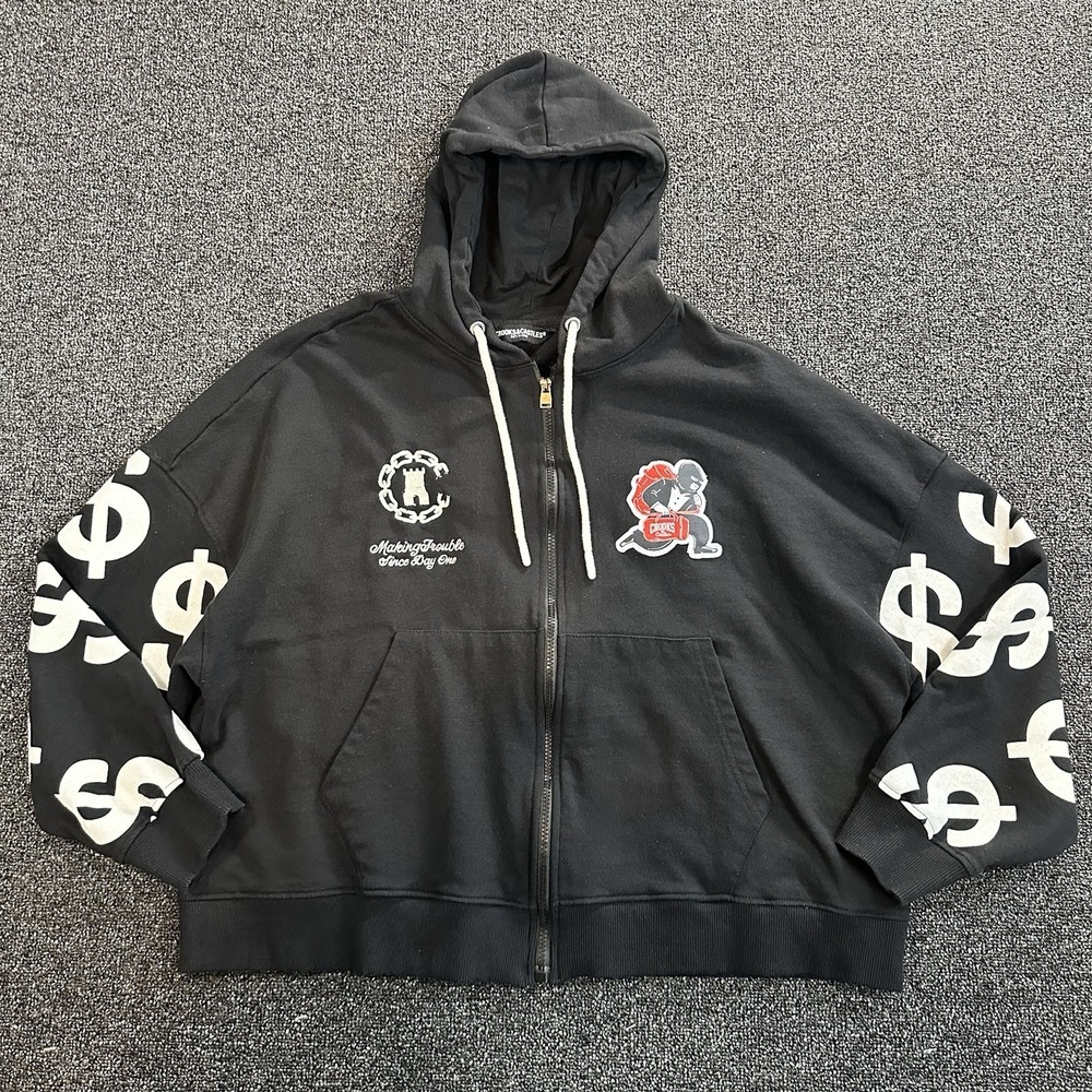 Y2K Crooks and Castles Mens Black Dollar Sign Sleeve Full Zip Wide Sweatshirt
